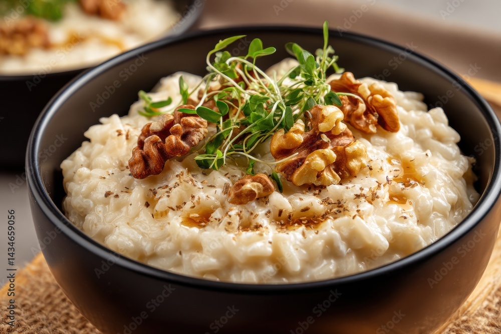 Creamy risotto with walnuts and fresh herbs, served in a black bowl, showcasing elegant culinary presentation and the perfect balance of textures and flavors. Creamy risotto with walnuts and fresh herbs, served in a black bowl, showcasing elegant culinary presentation and the perfect balance of textures and flavors.