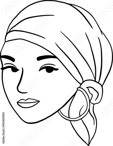 Lined Woman Head wearing Turban Hijab Style Illustration