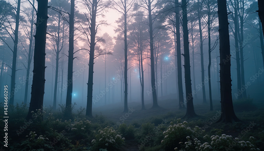Fototapeta premium Magical, ethereal forest scene bathed in a soft, pale light, highlighting the mist and glowing points within the trees.