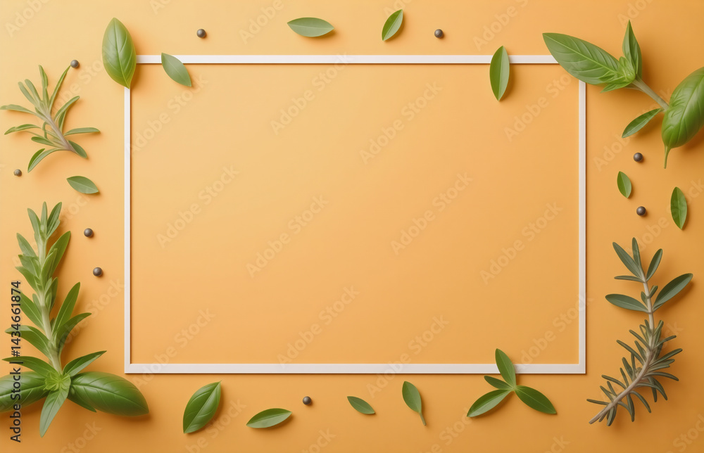 Obraz premium A white rectangular frame is centered on an orange backdrop, adorned with scattered green leaves and dark peppercorns, suggesting a natural, organic, or culinary theme.