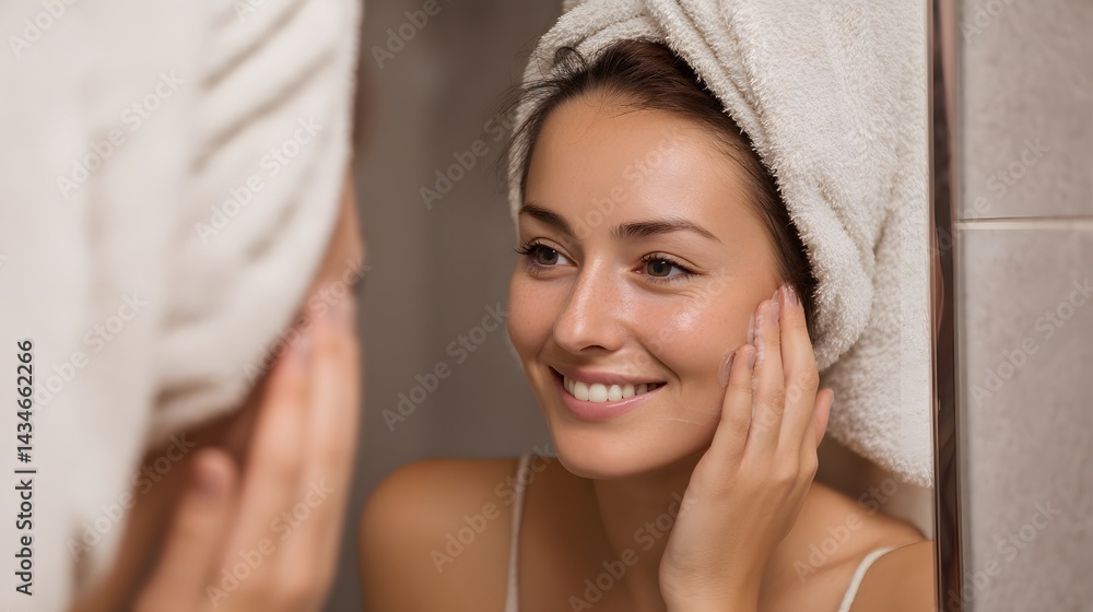 Reflection of self-care. A radiant woman, fresh and healthy, stands before a mirror, her skin aglow, embodying the essence of self-care and beauty. Reflection of self-care. A radiant woman, fresh and healthy, stands before a mirror, her skin aglow, embodying the essence of self-care and beauty.