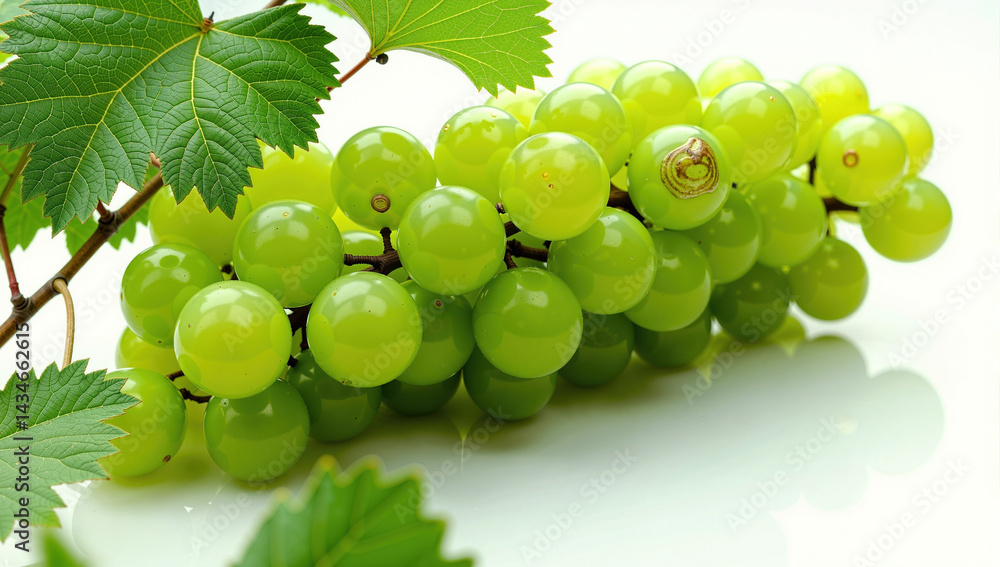Obraz premium Bunch of Green Grape with leaves isolated on white background, Sweet Green Grape on a branch on white