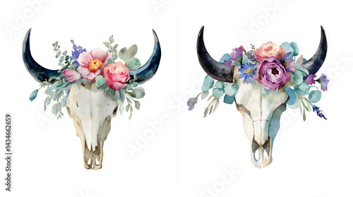 Dead bull skull with flowers, watercolor clipart illustration with isolated background.