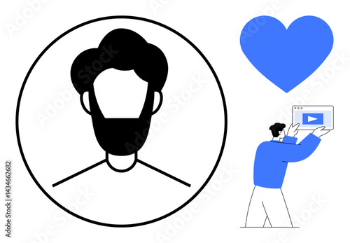 Portrait in a circle, man holding a video player card, and a blue heart. Ideal for social media, digital marketing, contact, creativity, connections, self-expression simple landing page