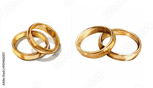 Two golden rings tied together, watercolor clipart illustration with isolated background.