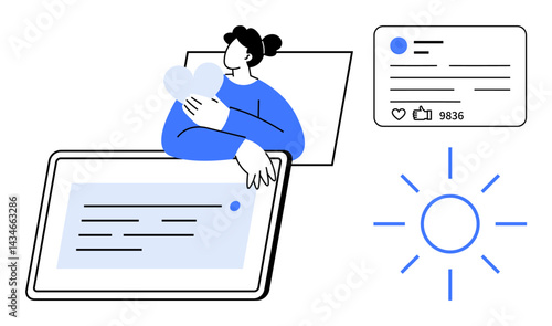 Person hugging a heart, large tablet with text, social media post with thumbs ups, radiant sun. Ideal for social connection, technology, communication, user interaction, positivity self-expression