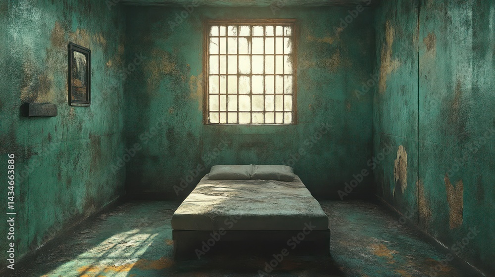 A dimly lit solitary confinement room with a barred window and simple bed evoking themes of i A dimly lit solitary confinement room with a barred window and simple bed evoking themes of i