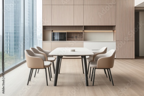 A minimalist kitchen interior in beige and white color scheme featuring a dining table, chairs, microwave, and TV in the background.