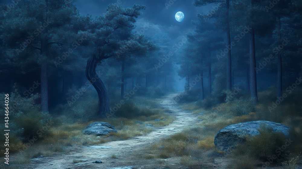 Enchanted Moonlit Forest Pathway Illuminated by a Full Moon Ideal for Fantasy Nature and Adv Enchanted Moonlit Forest Pathway Illuminated by a Full Moon Ideal for Fantasy Nature and Adv