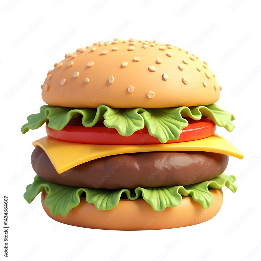 Delicious 3D cartoon cheeseburger with lettuce, tomato, and melted cheese, perfect for food-related designs Delicious 3D cartoon cheeseburger with lettuce, tomato, and melted cheese, perfect for food-related designs