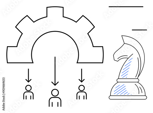 Gear distributing tasks to team members with arrows, alongside a knight chess piece. Ideal for teamwork, leadership, strategy, planning, productivity, decision-making and organization. Flat simple