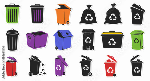Different types of trash containers on a white background. Bright, solid colors. Vector illustration