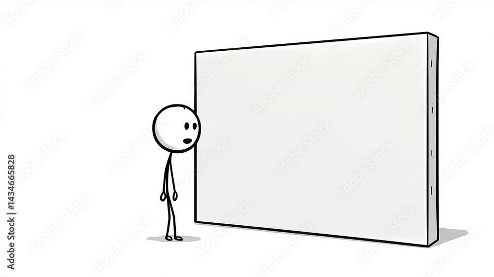 A stick figure gazes curiously at a large blank canvas in a minimalistic setting A stick figure gazes curiously at a large blank canvas in a minimalistic setting