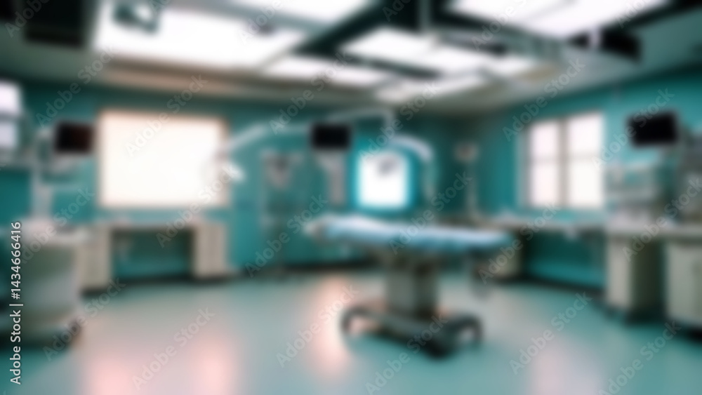 Fototapeta premium Blurry operating room, with blurred surgical instruments in the background, bright light, surgeon's room in hospital