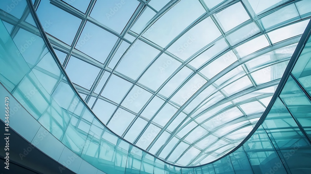 Obraz premium Modern Architectural Scene Showing Steel Roof Design Glass Transparency Curved Walls and Bright Indoor Lighting