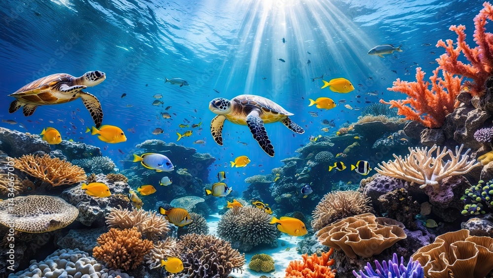 Naklejka premium Sea Turtles Swimming Among Colorful Coral Reefs Underwater