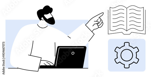Man using laptop, pointing toward open book and gear icons, representing access to knowledge, manual, and settings. Ideal for education, training, tech support, tutorials resources tools simple