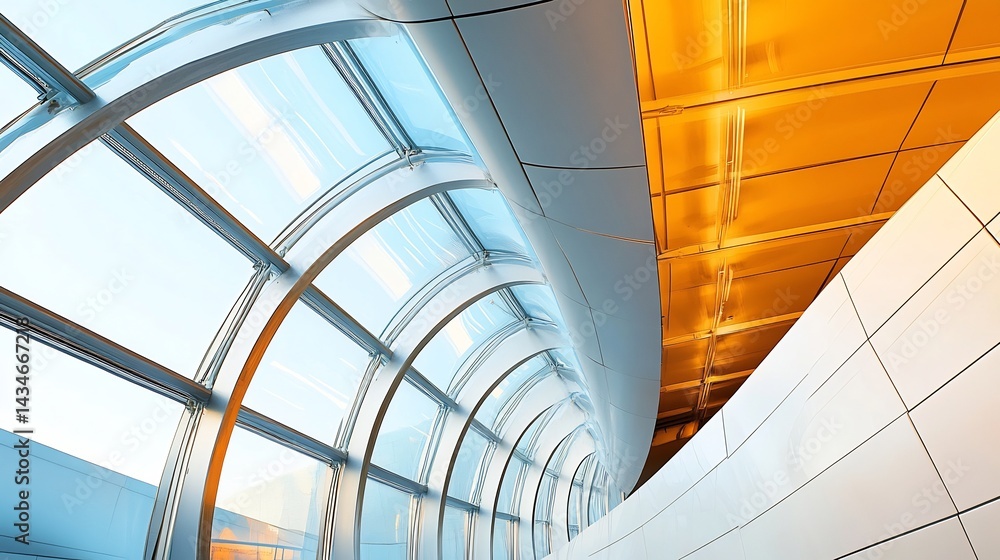 Fototapeta premium Modern Architectural Scene Showing Steel Roof Design Glass Transparency Curved Walls and Bright Indoor Lighting
