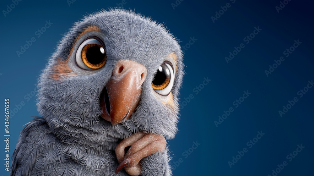 Obraz premium Cute parrot with big eyes on vibrant blue background