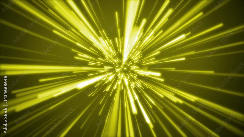 Camera entering Yellow spacewarp with glowing light streaks in 4K, high speed travel through futuristic sci-fi tunnel, dynamic burst of neon beams in deep space animation