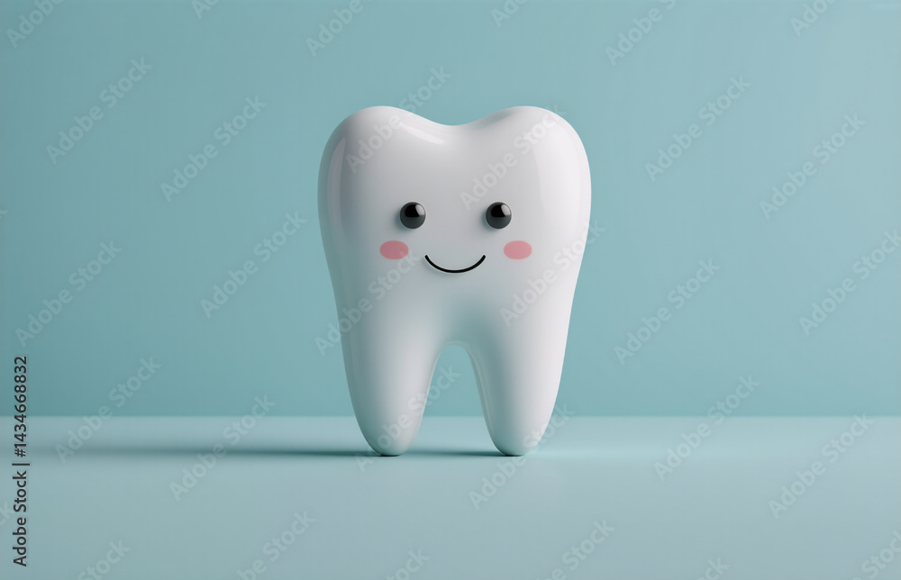 Adorable white tooth with a happy smile is featured on a soft blue background. It represents dental health, care, and the importance of oral hygiene. Adorable white tooth with a happy smile is featured on a soft blue background. It represents dental health, care, and the importance of oral hygiene.