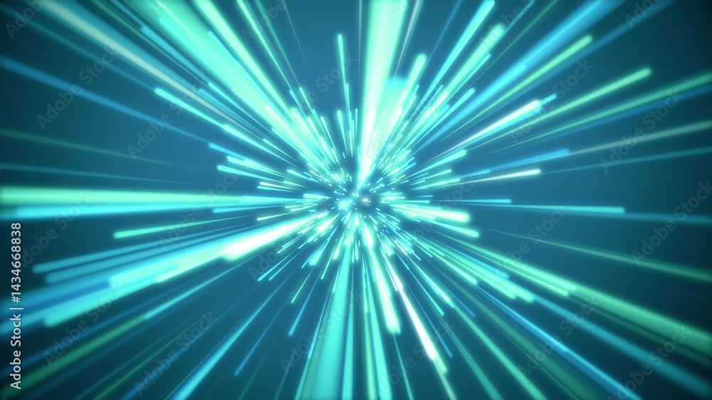 Camera entering blue spacewarp with glowing light streaks in 4K, high speed travel through futuristic sci-fi tunnel, dynamic burst of neon beams in deep space animation
