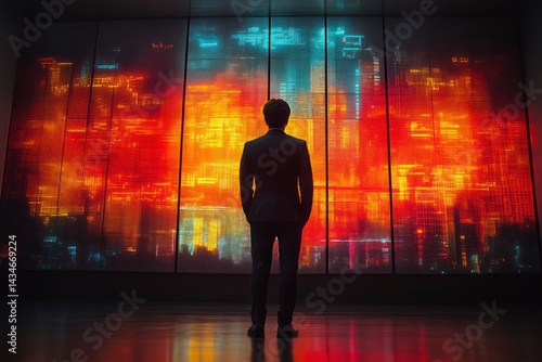 Silhouette of a Person Standing Before Vibrant Digital Screens Displaying Abstract Cityscape Pa