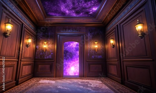 A mystical room with wooden walls, glowing purple portal, and cosmic ceiling, evoking wonder