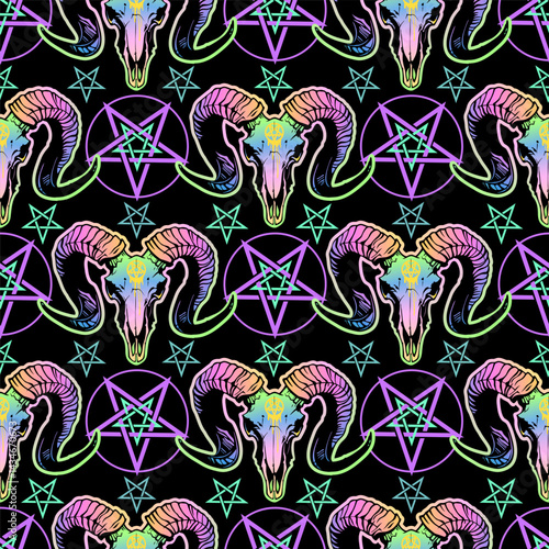 Seamless pattern with bright goat skulls and occult symbols