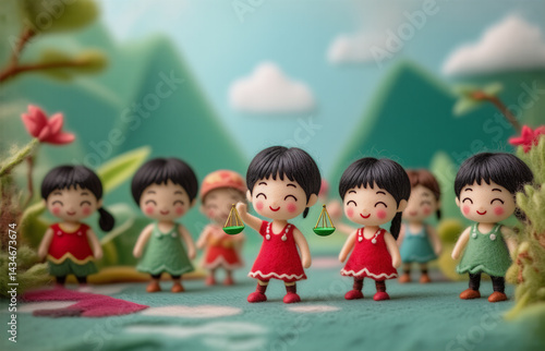 Charming clay figurines, possibly representing a girl group, stand in a whimsical landscape of stylized hills and greenery.  They hold small objects and wear colorful dresses.