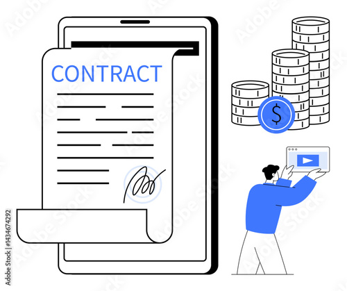 Tablet displaying signed contract, coins stacked with dollar icon, person holding device. Ideal for finance, business, e-signature, legal tech, digital transformation, online payments simple landing