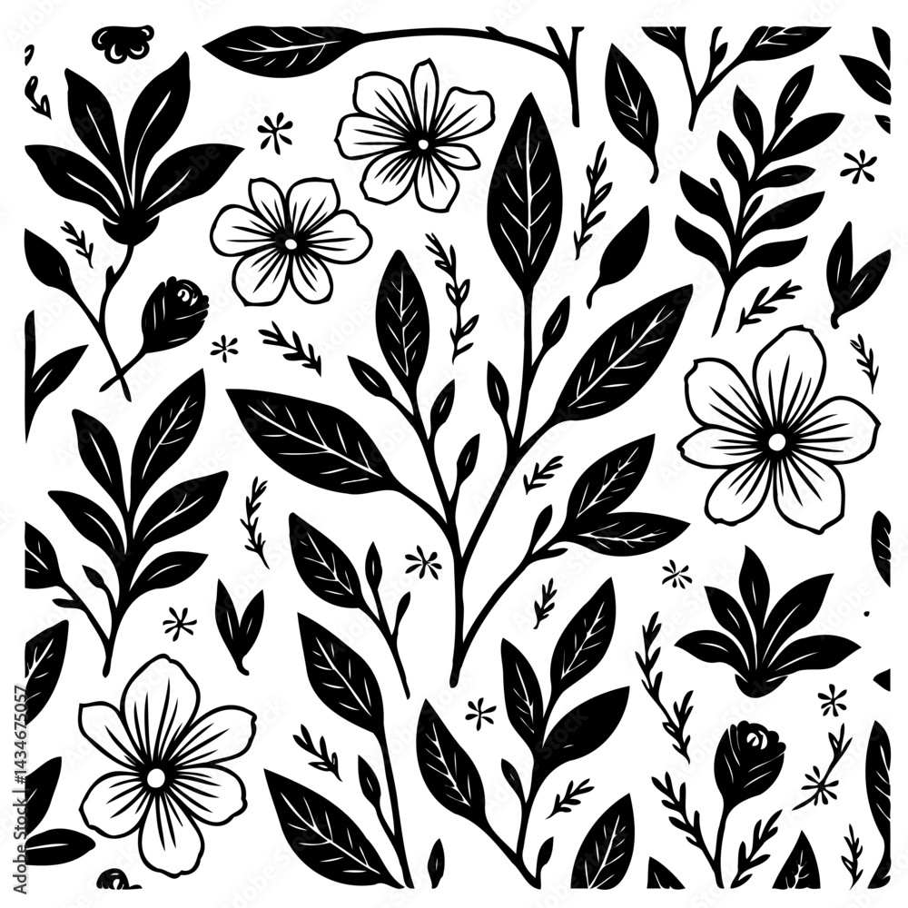 Fototapeta premium Elegant botanical pattern with stylized flowers and foliage in monochromatic art