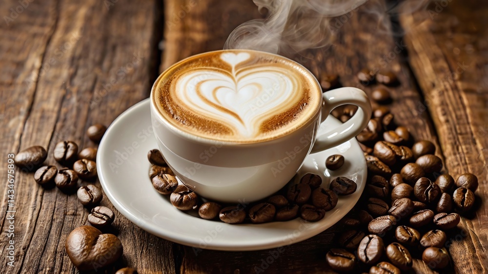 Steaming latte with heart-shaped foam art, surrounded by fresh coffee beans on a rustic wooden table. A warm aroma and cozy vibe that tempts true coffee lovers. Steaming latte with heart-shaped foam art, surrounded by fresh coffee beans on a rustic wooden table. A warm aroma and cozy vibe that tempts true coffee lovers.