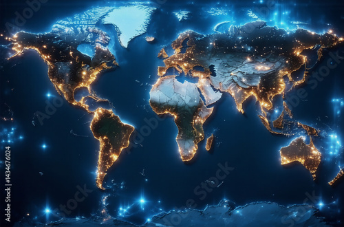 Fototapeta Naklejka Na Ścianę i Meble -  A digital world map glows with city lights against a dark backdrop, highlighting continents and oceans in a futuristic, interconnected global representation.