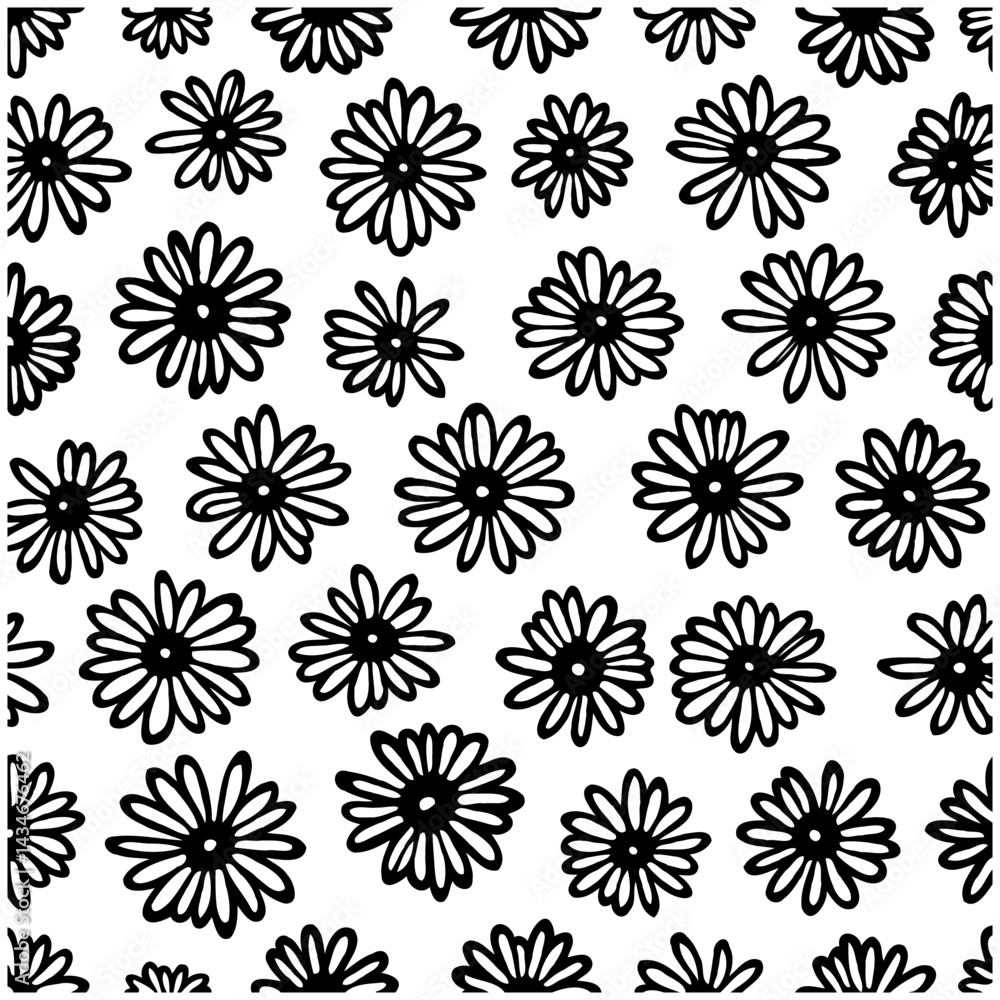 Monochrome Floral Pattern with Hand-Drawn Style Daisies on a White Background Monochrome Floral Pattern with Hand-Drawn Style Daisies on a White Background