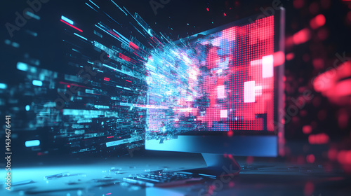 Digital Transformation: A vibrant display captures a mesmerizing explosion of digital data, streaming from a modern computer.