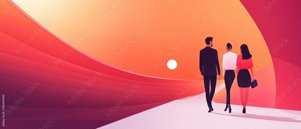 Naklejka premium Business team walking towards bright future, man and two women in formal wear, concept of teamwork, leadership, and corporate success
