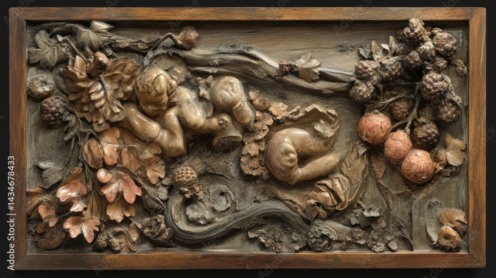 Cherubs, fruit, wood carving, museum display Cherubs, fruit, wood carving, museum display