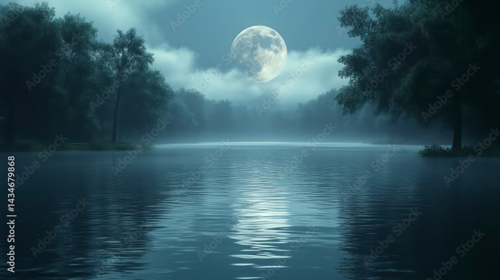 Serene Nighttime Lake Scene with Full Moon Reflection and Lush Trees Serene Nighttime Lake Scene with Full Moon Reflection and Lush Trees