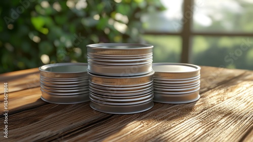 Realistic Close-Up of Stacked Aluminium Tins Against Nature Background