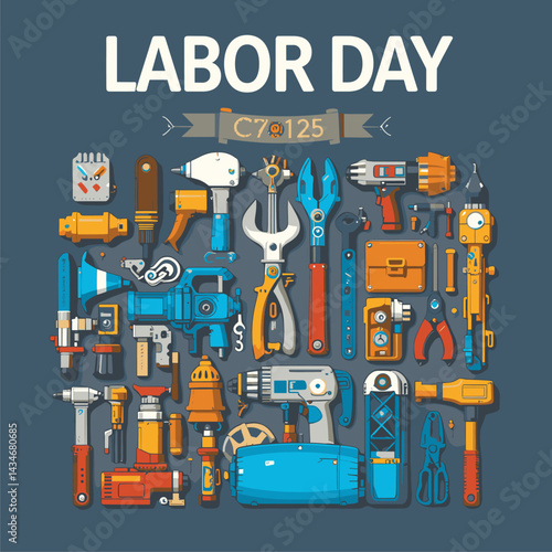Retro Labor Day Tools Collage:  Vibrant Handcrafted Illustration