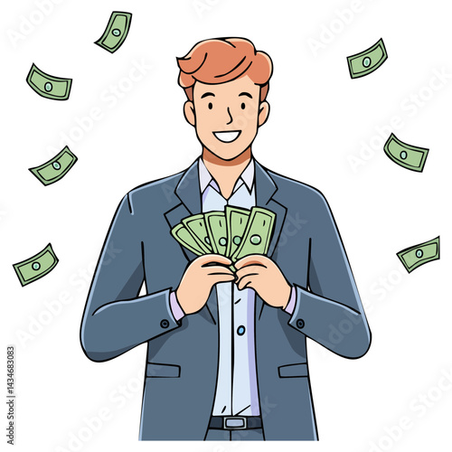 Happy Man with Money Notes Fortune Illustration
