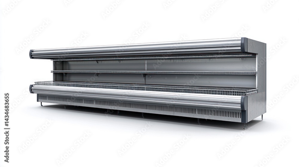 Realistic Photography of an Empty Aluminium Grocery Display Section with No Products Realistic Photography of an Empty Aluminium Grocery Display Section with No Products