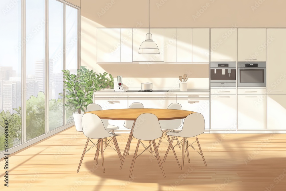 A minimalist beige and white kitchen interior featuring a chair, potted plant, dining table, utensils, microwave, oven, and cup. A minimalist beige and white kitchen interior featuring a chair, potted plant, dining table, utensils, microwave, oven, and cup.
