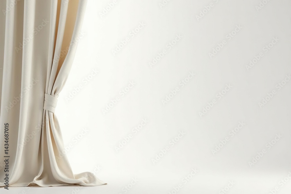 Soft ivory linen curtains, gentle folds, pristine white background, window treatment, backdrop Soft ivory linen curtains, gentle folds, pristine white background, window treatment, backdrop