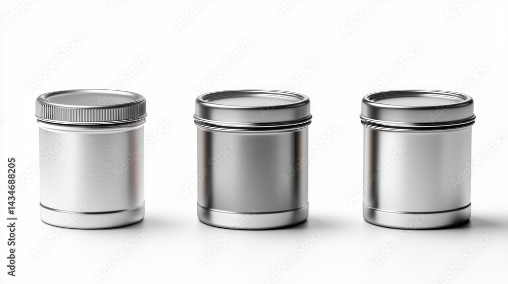 Realistic Aluminium Packaging Design with Multiple Containers for Versatile Use in Photography and Marketing Realistic Aluminium Packaging Design with Multiple Containers for Versatile Use in Photography and Marketing