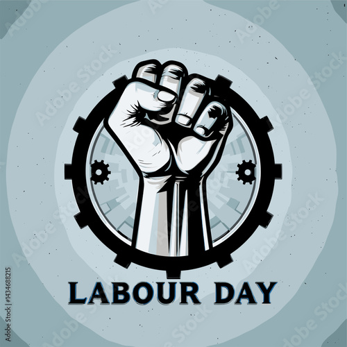 Clenched Fist in Gear Emblem: Labour Day Graphic