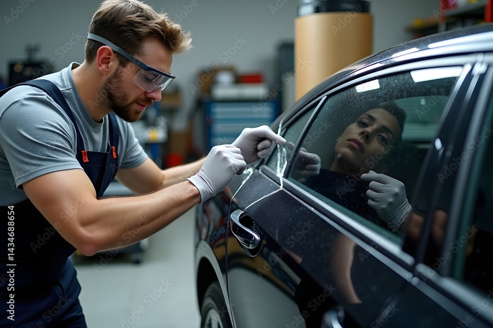 Obraz premium Applying tinting foil onto a car window in a workshop