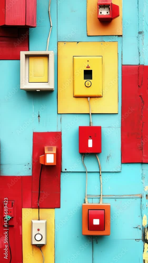 Abstract pattern of colorful painted wooden boards with square devices, wires, and electric outlets on a bright teal wall