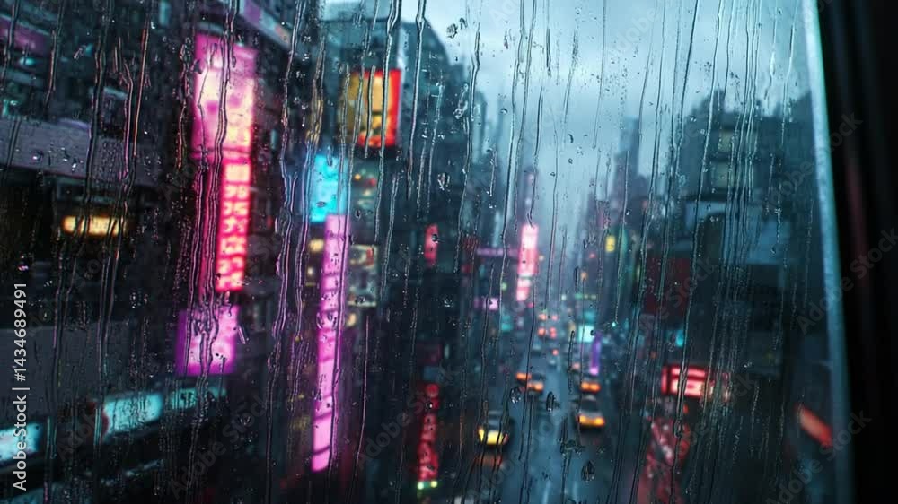 Rain-Streaked Window View of a Neon-Lit Cyberpunk Cityscape at Night Rain-Streaked Window View of a Neon-Lit Cyberpunk Cityscape at Night